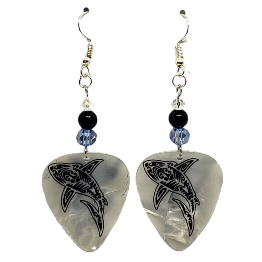 Shark Tattoo on Guitar Pick Beaded Earrings - Handmade in USA New